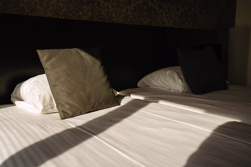 Sunlight casting shadows over two neatly made beds with white sheets and dark pillows.
